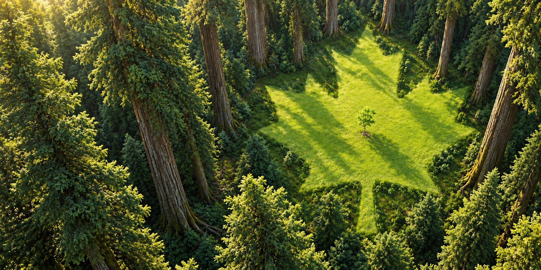 Home Towering forest trees surround a young sapling in a sunlit maple-leaf-shaped clearing.